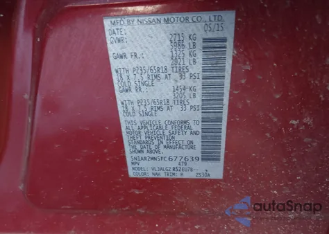 2015 Nissan Pathfinder Sl z USA, uszkodzony, nr VIN 5N1AR2MN5FC677639